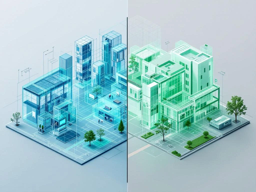 Isometrische illustratie toont CAD versus BIM: links traditionele 2D-tekeningen in blauw, rechts moderne 3D-gebouwmodellen in groen.