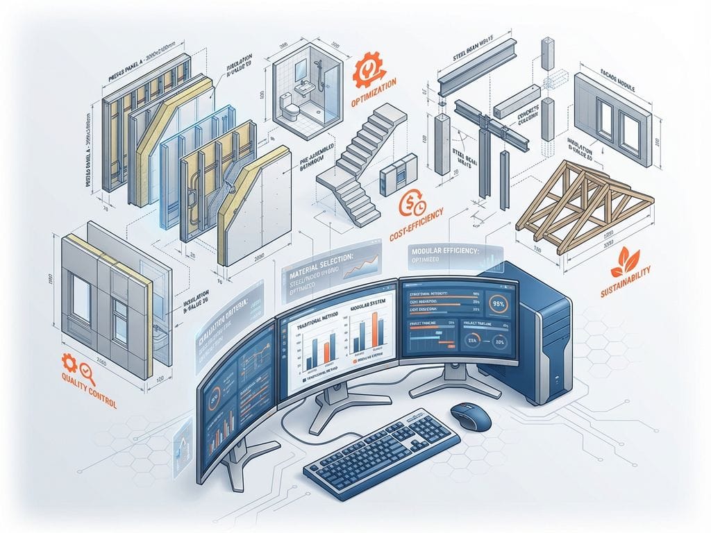 CAD-werkstation met zwevende 3D-bouwcomponenten, modulaire wandpanelen en technische interface-elementen in blauw en grijs