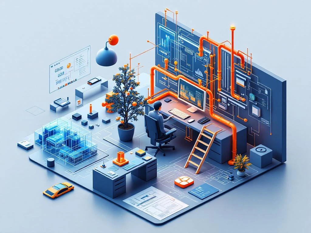 CAD-workstation met meerdere schermen toont 3D-bouwmodellen, omringd door holografische prefab-elementen en technische tekeningen