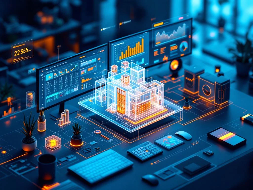 CAD-werkstation met meerdere monitors toont 3D-bouwmodellen en kostenanalyse-interface met zwevende software-licenties