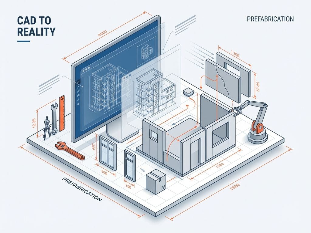 CAD-software interface met 3D wireframe bouwmodellen boven fysieke prefab wandpanelen en kozijnen in isometrische weergave