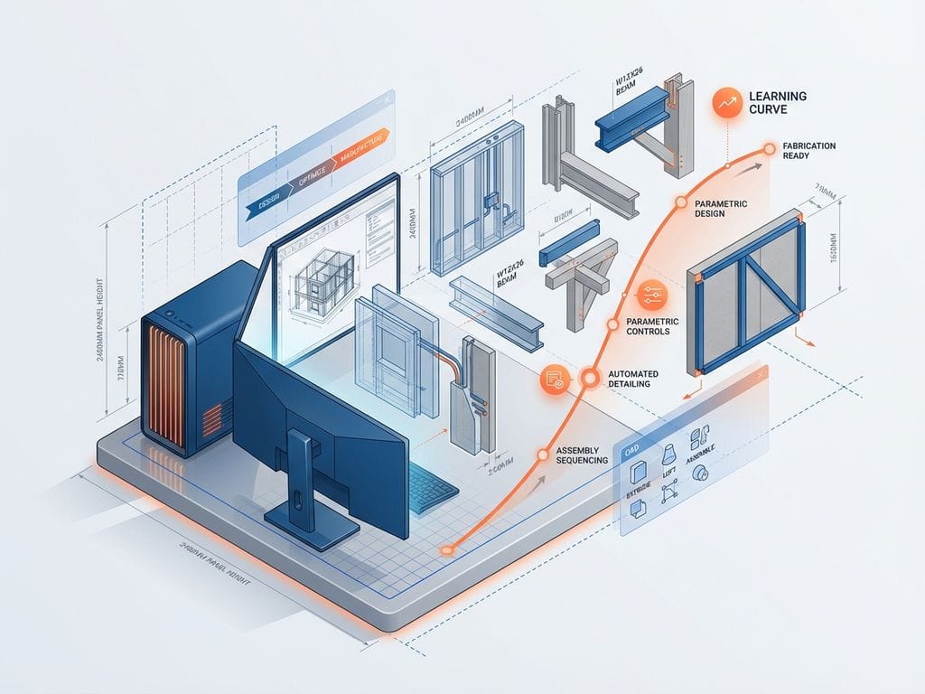 3D CAD-werkstation met zwevende bouwcomponenten, parametrische modellen en technische overlays in isometrische weergave