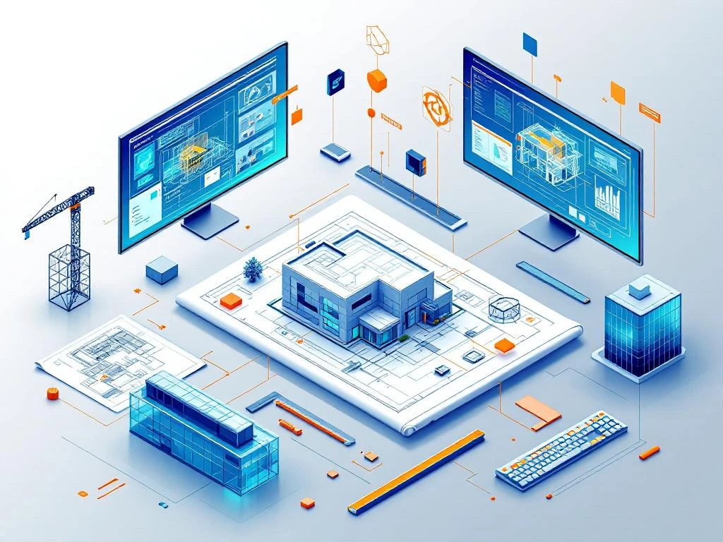 CAD-software interfaces en architecturale blauwdrukken in 3D isometrische weergave met technische tekeningen en gebouwmodellen