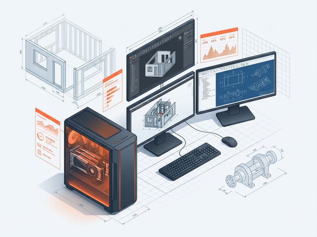 Premium CAD-werkstation met meerdere monitoren die 3D-modellen tonen, omgeven door wireframe-overlays in blauw en grijs