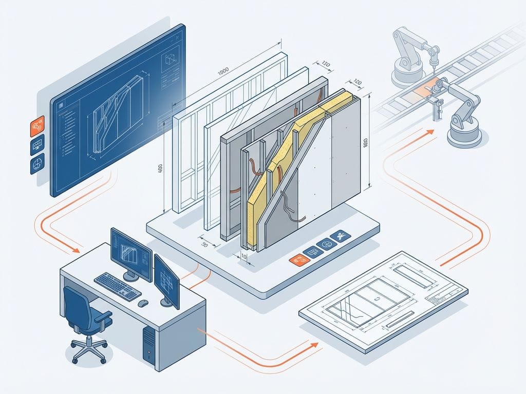 CAD-werkstation met 3D-model van prefab-wandpanelen die automatisch transformeren van wireframes naar constructie-elementen