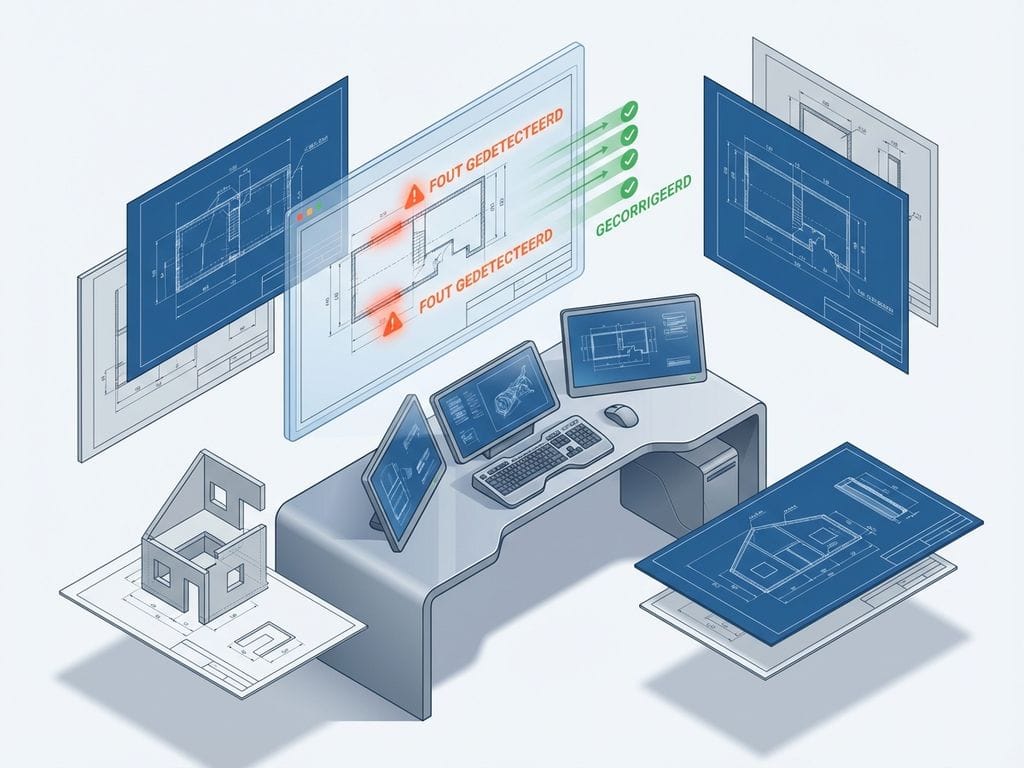 3D CAD-werkstation met holografisch scherm dat fouten detecteert in technische tekeningen, blauwdrukken zweven rond computer