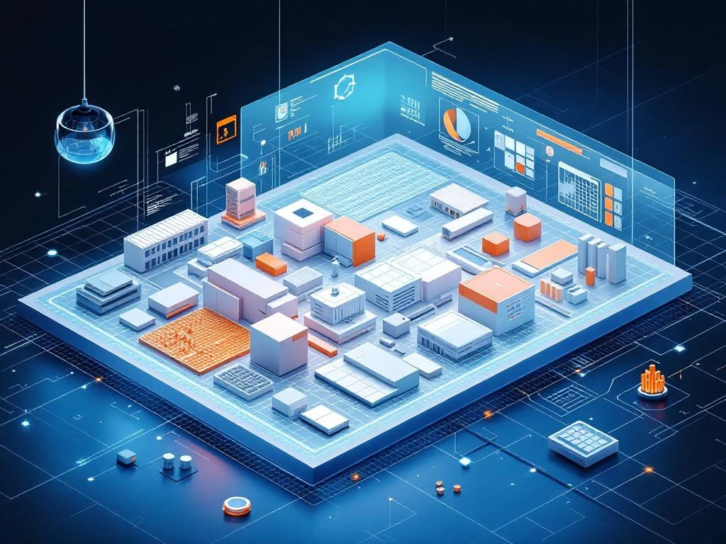 Futuristische CAD-werkstation met zwevende 3D-modellen van prefab-bouwelementen en holografische ontwerp-interface