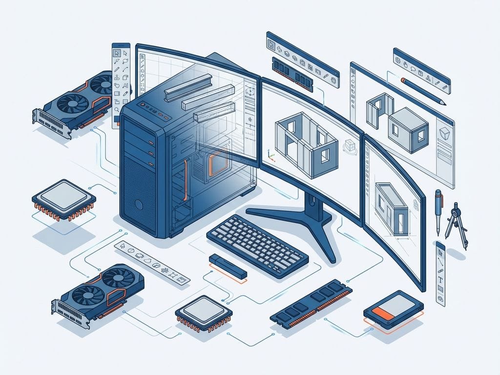 CAD-werkstation met meerdere monitoren, 3D-modellen en zwevende hardware-componenten in isometrische illustratie