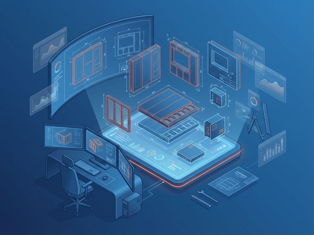 CAD-werkstation met zwevende 3D-modellen van modulaire bouwcomponenten in blauw en oranje interface design