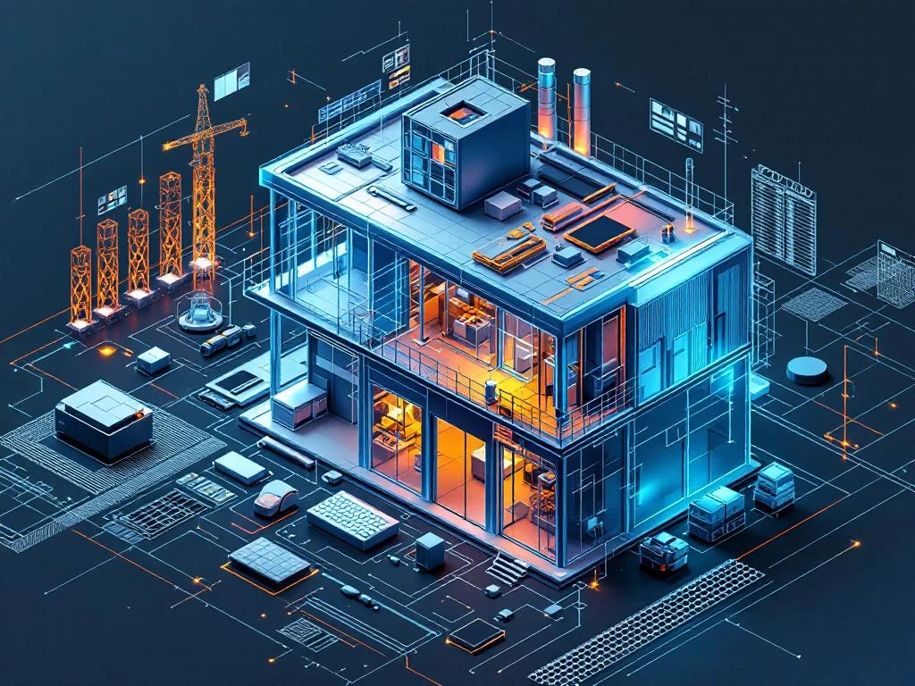 Isometrische CAD-werkstation met 3D-computermodel van prefab bouwcomponenten dat transformeert naar fysieke elementen