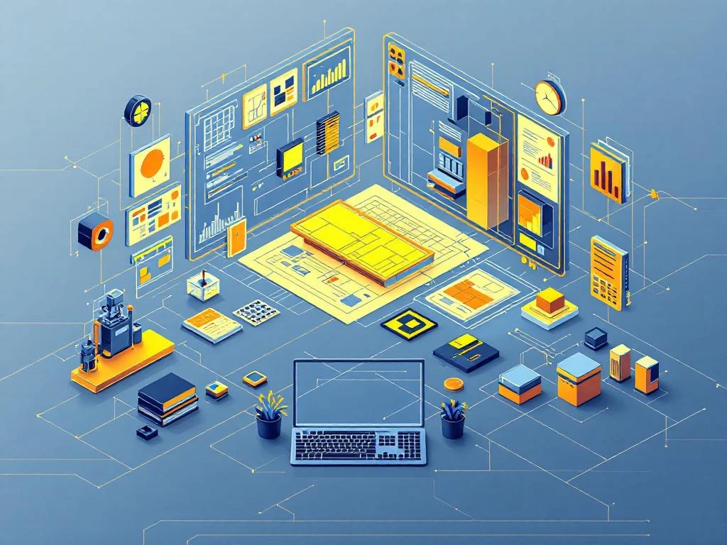 CAD-werkstation met 3D-prefab elementen en bouwplannen op scherm, isometrische technische illustratie in blauw en grijs
