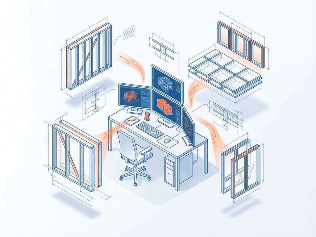 Isometrische CAD-workstation met 3D-bouwmodellen en zwevende prefab-elementen in wireframe-stijl, blauw-oranje kleurschema.