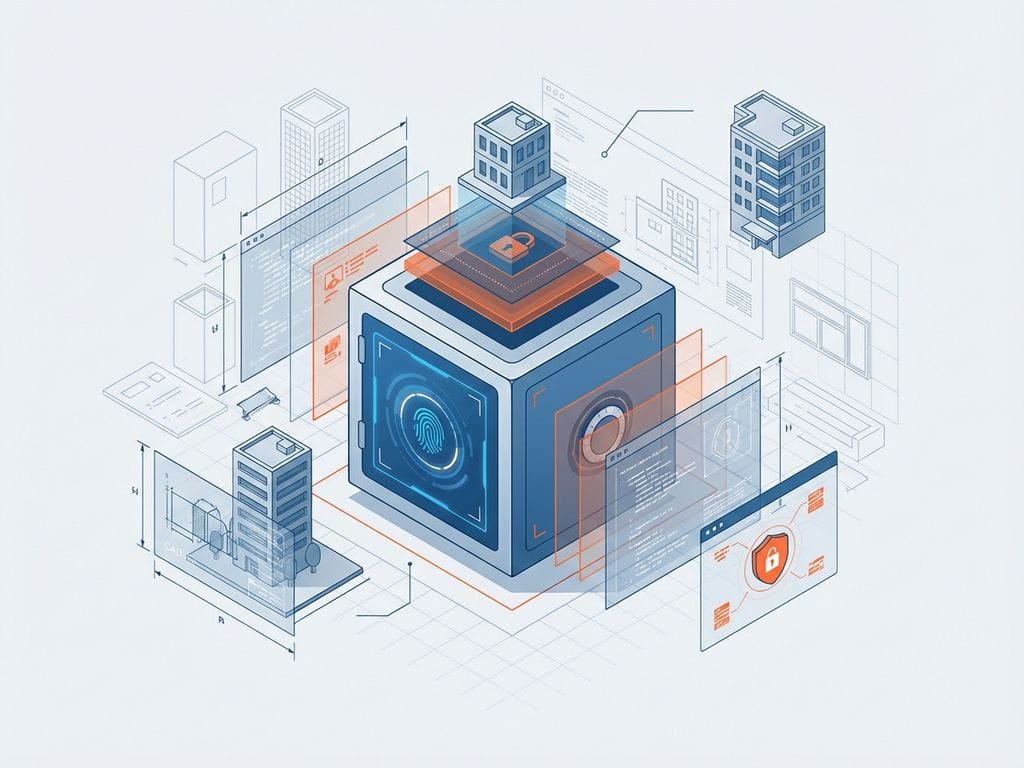 Isometrische illustratie van digitale kluis met biometrische beveiliging, omringd door CAD-datastromen en 3D-bouwmodellen