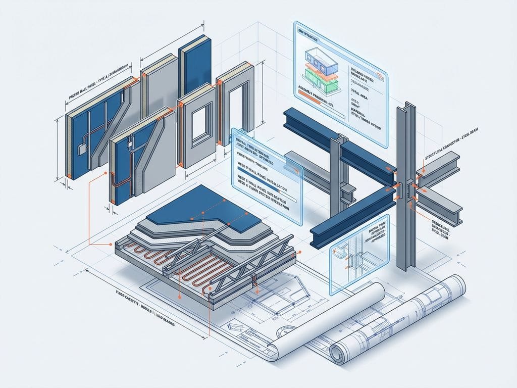Isometrische 3D illustratie van modulaire bouwconstructie met prefab panelen en BIM software interface in blauw en grijs