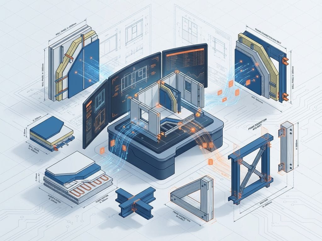 3D CAD-werkstation toont prefab bouwcomponenten op schermen, omringd door zwevende wandpanelen en structuurframes