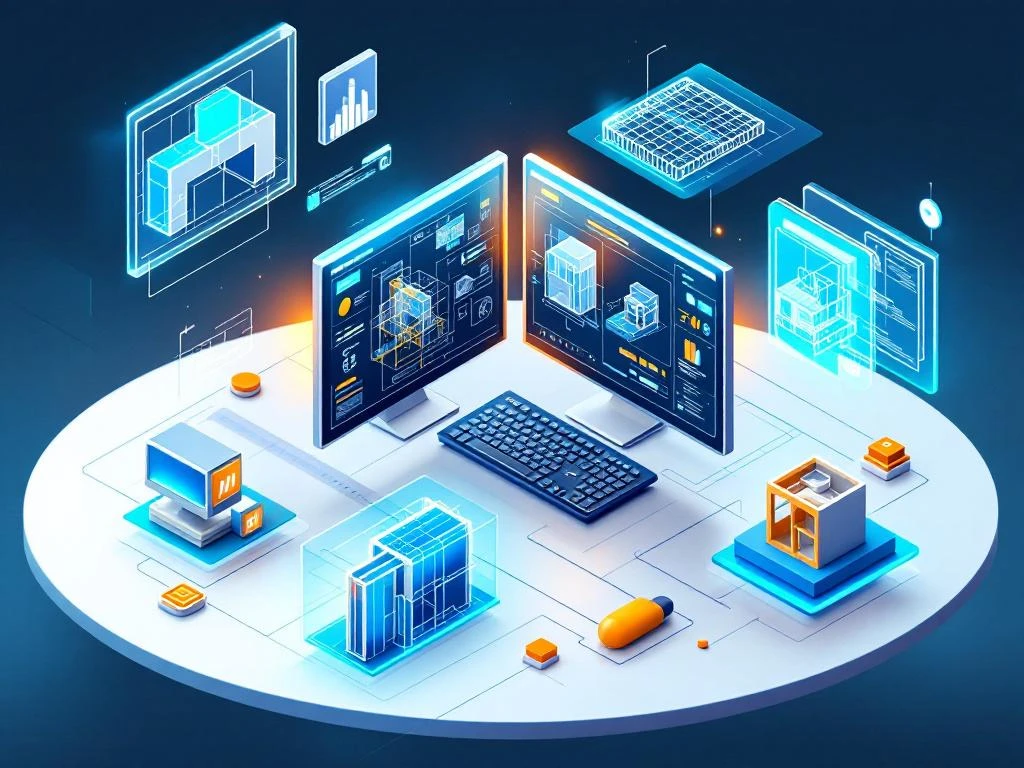 Isometrische computerworkstation met CAD-blauwdrukken en 3D-bouwmodellen op meerdere monitoren met digitale interface-elementen