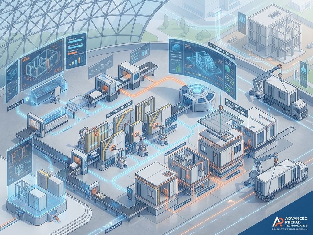 Isometrische illustratie van prefab bouwproces met modulaire wandpanelen, digitale interfaces en CAD-blauwdrukken