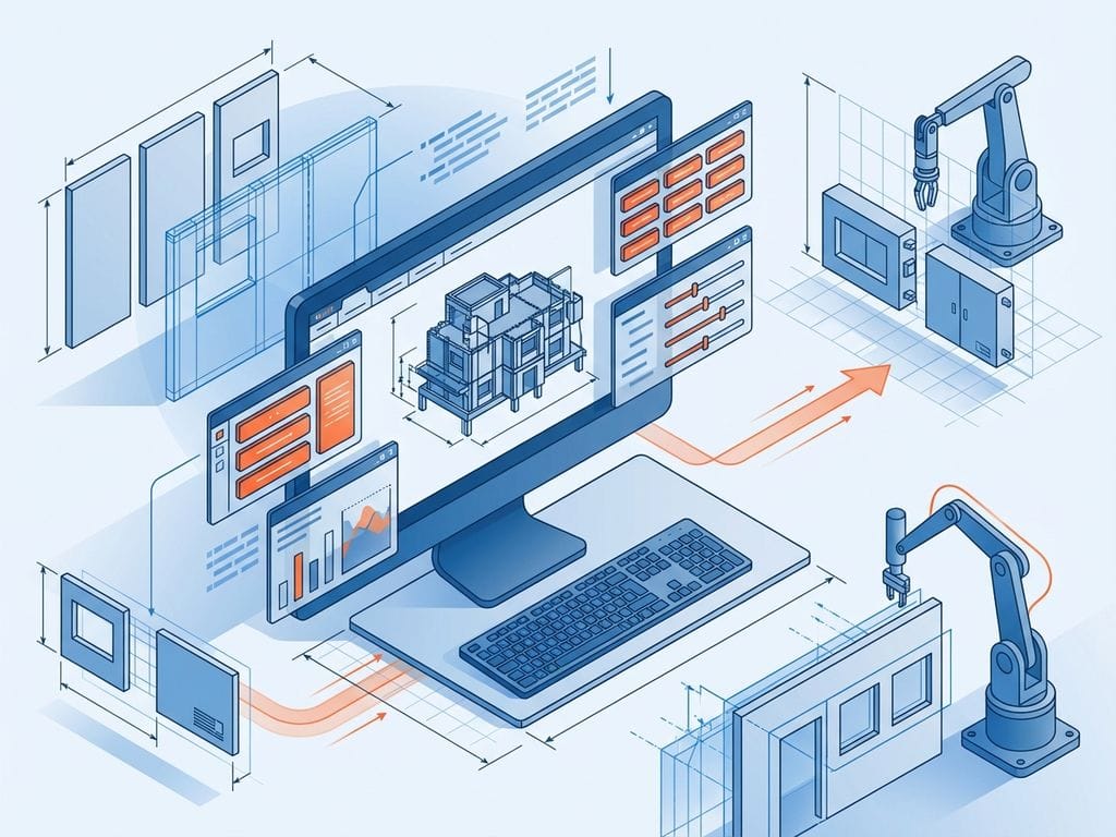 CAD-workstation toont 3D-prefabmodel omringd door interface-elementen en configuratiepanelen in isometrische technische stijl.