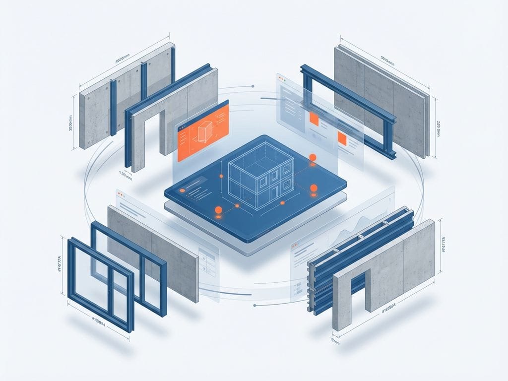 Isometrische 3D-illustratie van configureerbare prefab bouwcomponenten rond centrale digitale interface met technische maatlijnen
