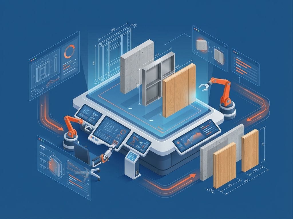 Isometrische illustratie van geavanceerd engineering-werkstation met 3D-hologram van prefab bouwcomponenten en digitale automatisering