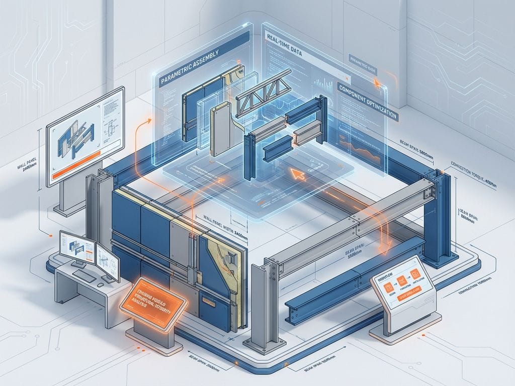 Isometrische technische illustratie van prefab software trainingsomgeving met 3D holografische interface en bouwcomponenten