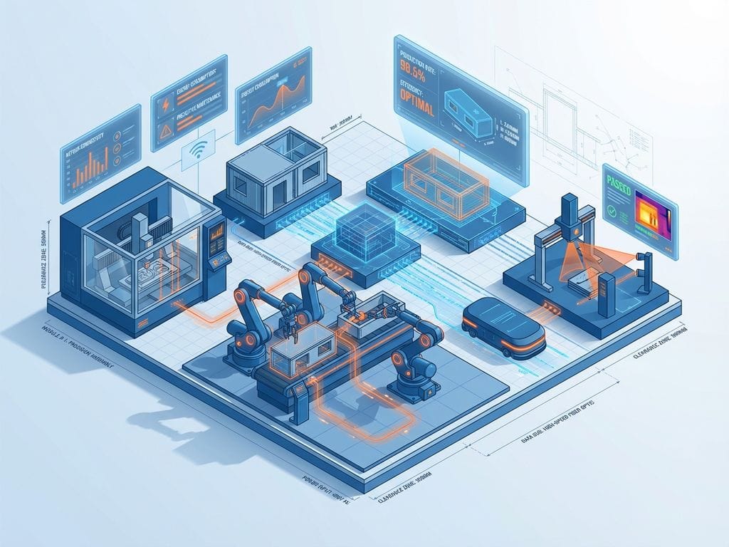 Isometrische slimme fabriek met geautomatiseerde productielijnen, holografische datapanelen en digitale besturingssystemen