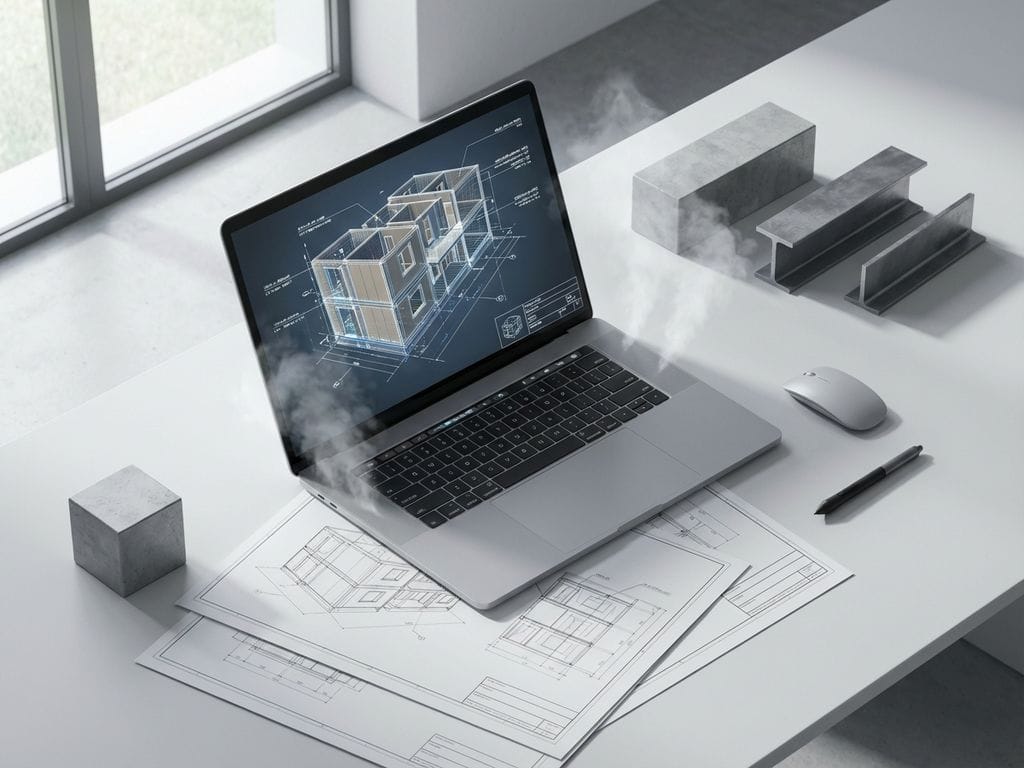 Laptop toont 3D architectuurmodel op wit bureau met bouwmaterialen, blauwdrukken en digitale stylus in kantoor