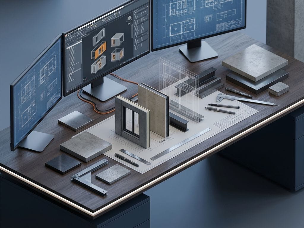 Isometrische 3D-werkruimte met computer die architecturale blauwdrukken toont en prefab bouwcomponenten op bureau