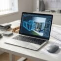 Moderne laptop toont 3D bouwconfigurator interface op wit bureau met modulaire constructiecomponenten en technische tekeningen