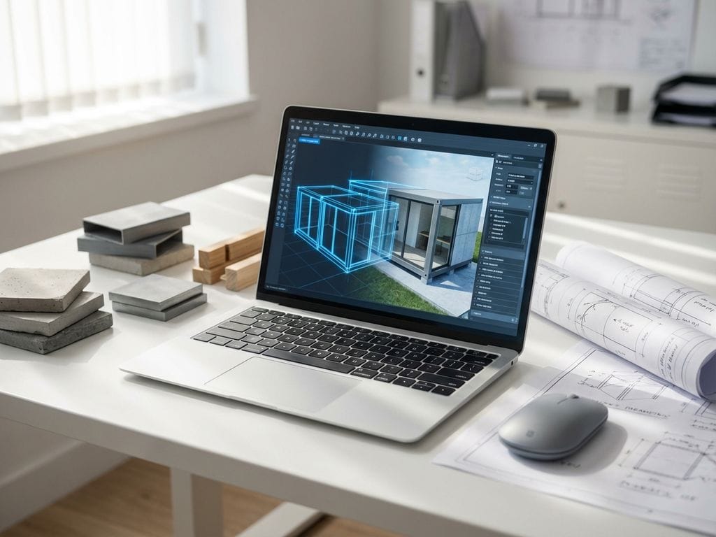 Moderne laptop toont 3D bouwconfigurator interface op wit bureau met modulaire constructiecomponenten en technische tekeningen