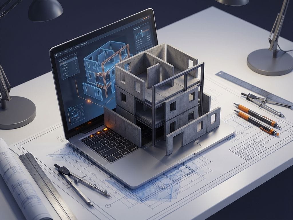 Isometrische constructiescène met 3D gebouwmodel uit laptop, blauwdrukken en bouwpanelen in blauw en oranje tinten