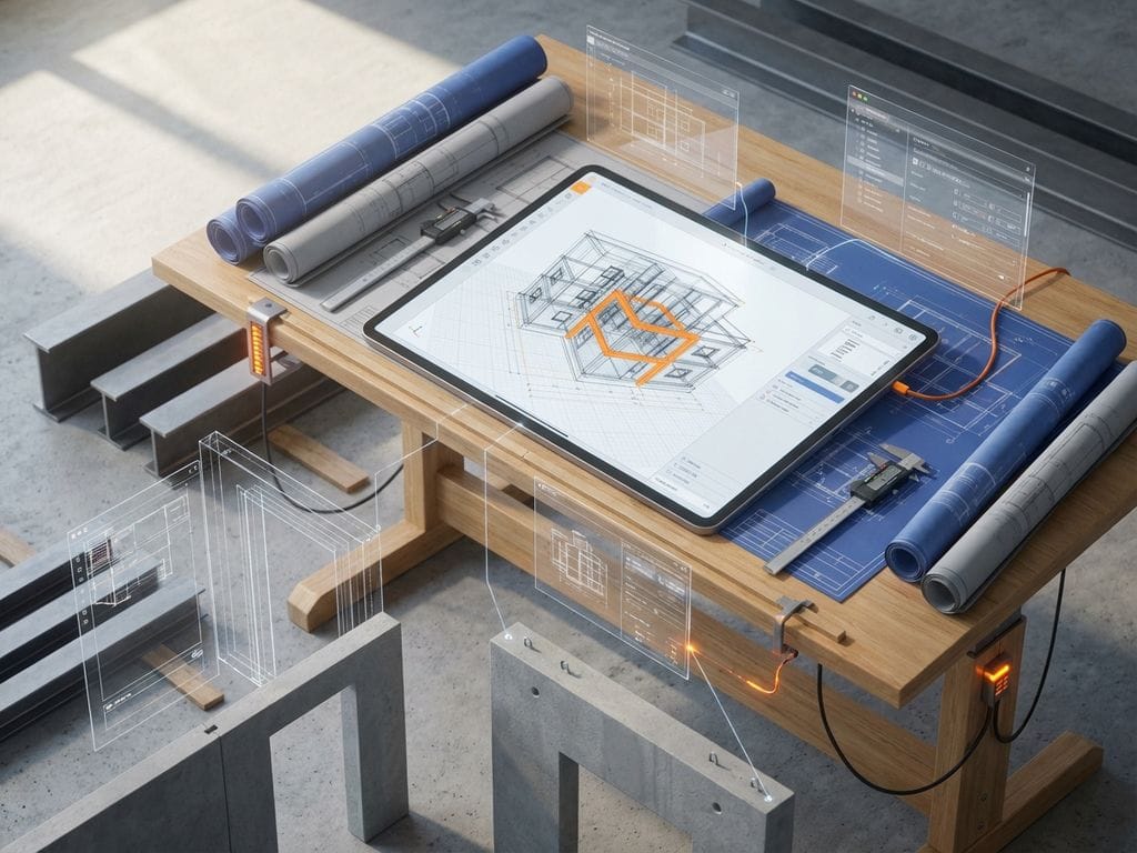 Tablet met 3D bouwmodel op tekentafel naast blauwdrukken, digitale meettools en bouwmaterialen in isometrisch perspectief