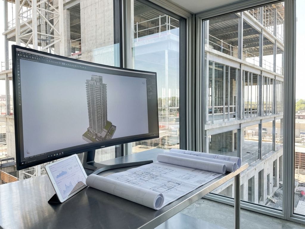 Moderne bouwplaats kantoor met 4K monitor die 3D gebouwmodel toont, blauwdrukken op bureau, bouwwerk zichtbaar door ramen