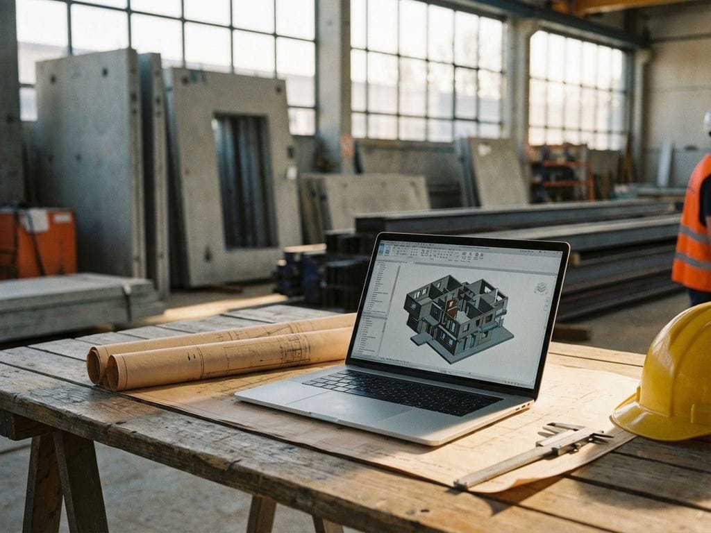 Laptop met 3D bouwschema's op houten tafel met blauwdrukken, gele helm en meetgereedschap op bouwplaats werkruimte