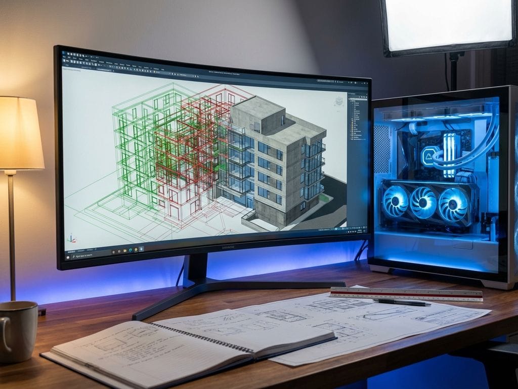 Professioneel CAD-werkstation met 3D-architectuurmodel op gebogen monitor, gaming-pc met LED-verlichting en technische tekeningen