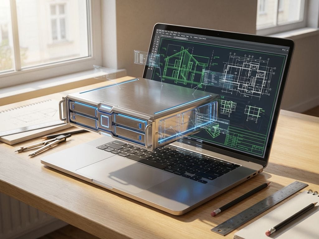 Cloudserver boven laptop met CAD-tekeningen en 3D-bouwmodellen op scherm, digitale datastromen verbinden apparaten