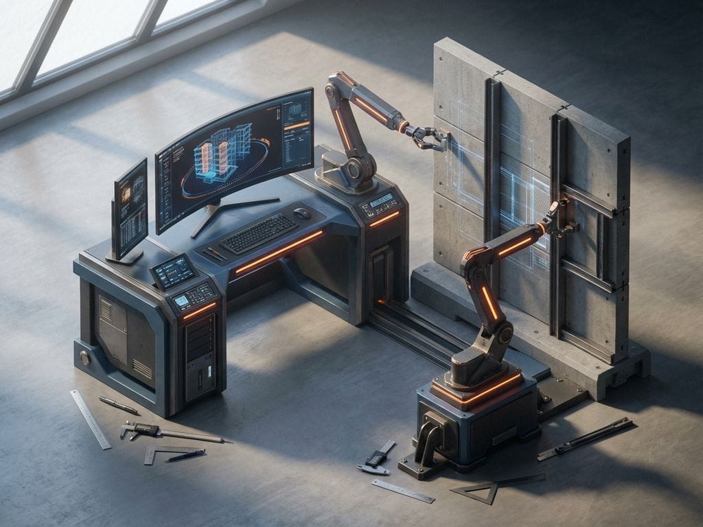 Isometrisch 3D-werkstation met robotarmen die prefab wandpanelen assembleren naast computer met 3D-gebouwmodel
