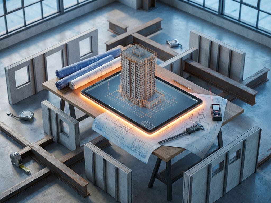 Digitale tablet met 3D-gebouwmodel op bureau met blauwdrukken, staalbalken en technische gereedschappen in bouwwerkruimte