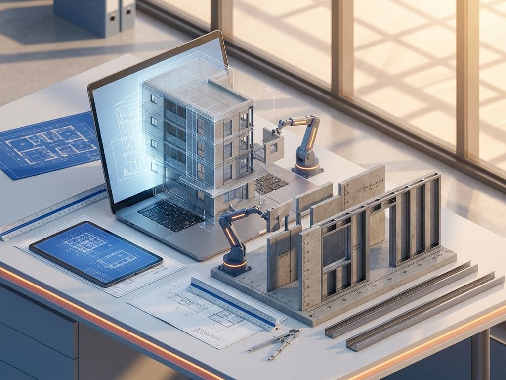 Isometrisch ingenieurswerkstation met 3D-gebouwmodel op laptop, prefab panelen en robotarmen voor modulaire constructie