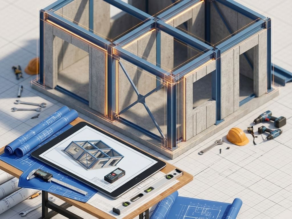 Isometrische bouwscène met prefab gebouw in aanbouw, tablet met BIM-model en technische tekeningen op werktafel