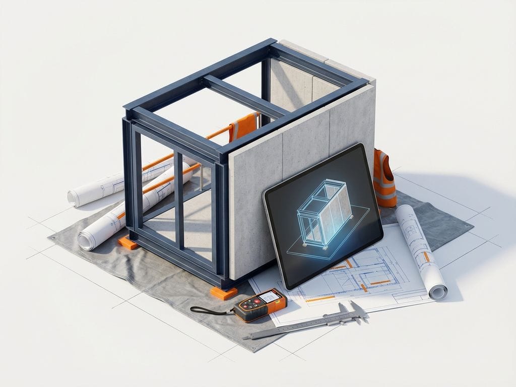 Tablet met 3D-architectuurmodel naast gedeeltelijk gebouwde prefab constructie met stalen frame en betonpanelen