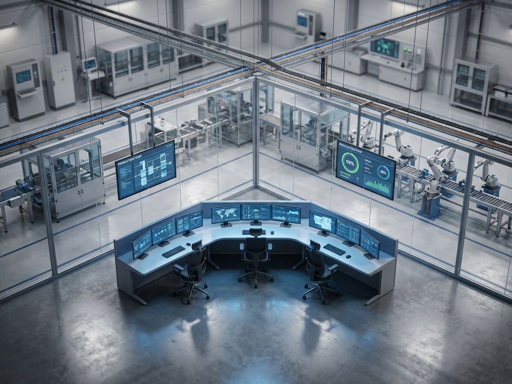 Geavanceerde slimme fabriek besturingsruimte met robotarmen, digitale monitoren en real-time productiedata displays