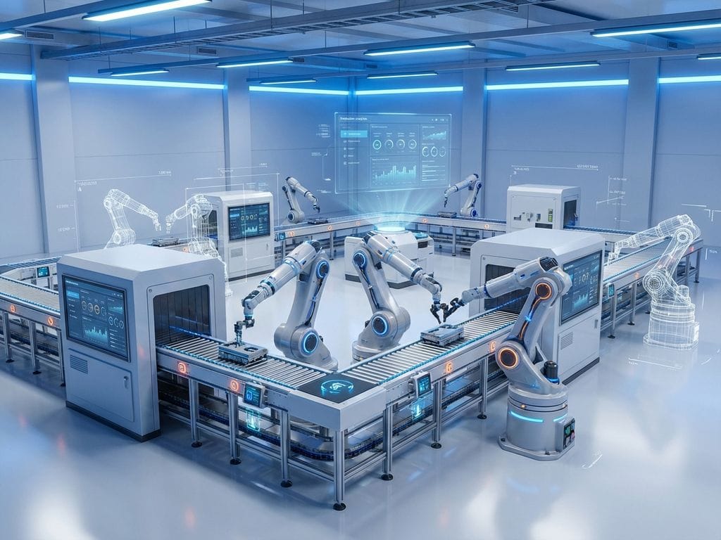 Geavanceerde robotarmen assembleren componenten op slimme fabrieksafdeling met holografische interface en IoT-sensoren