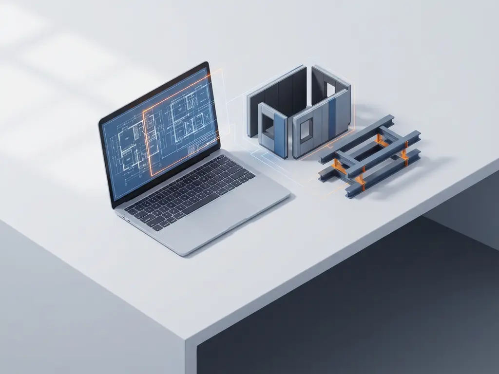 Moderne laptop met architecturale blauwdrukken naast miniatuur bouwmaterialen op wit bureau, 3D isometrische weergave