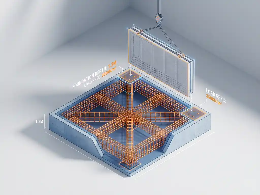 Isometrische doorsnede van betonnen fundering met prefab bouwelementen, wapeningsstaal en digitale meetgegevens