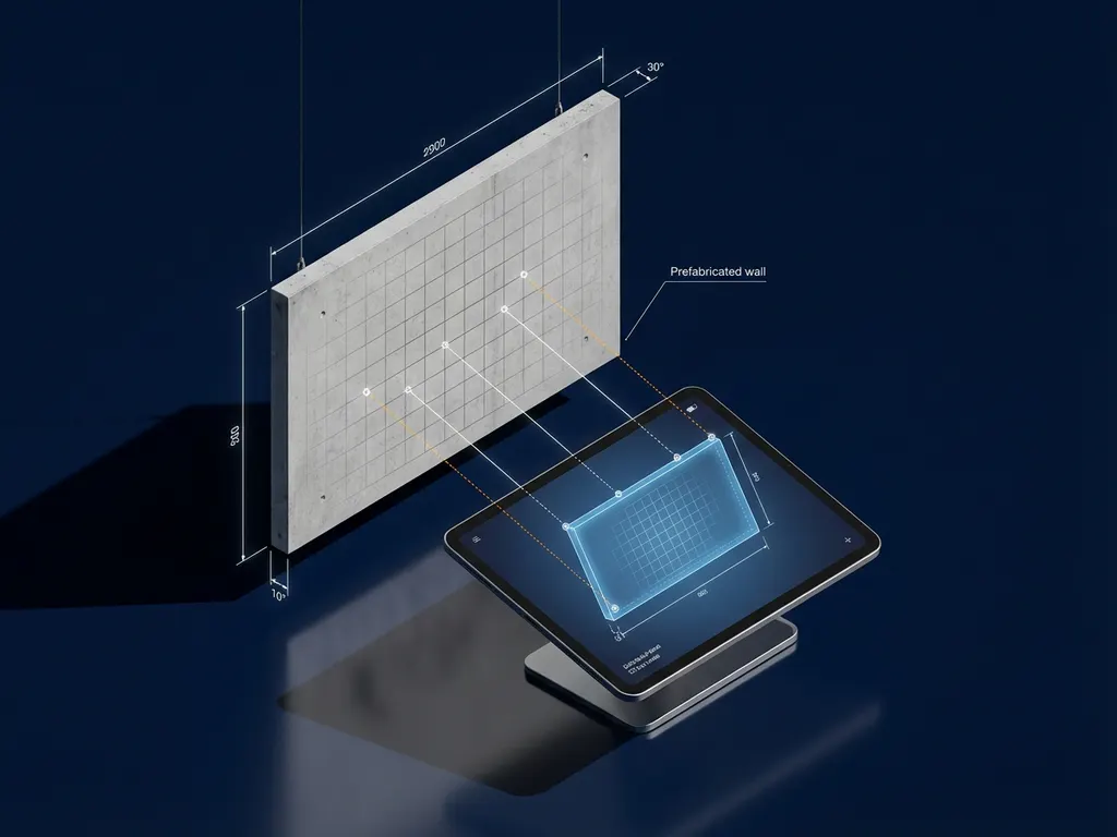 Betonnen prefab wandpaneel in isometrische weergave met tablet die 3D-model toont, verbonden door technische lijnen