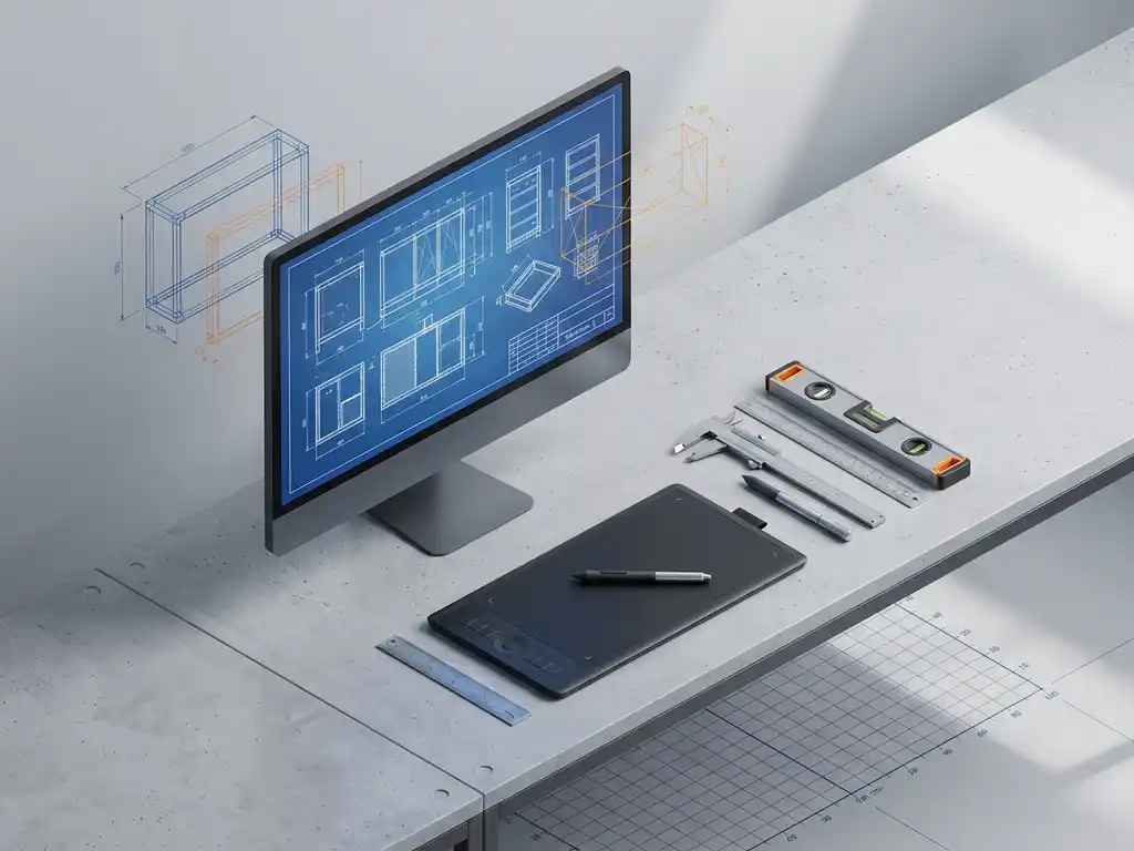 Isometrische 3D werkruimte met computermonitor die CAD blauwdrukken toont, tekenblad en meetgereedschap op bureau