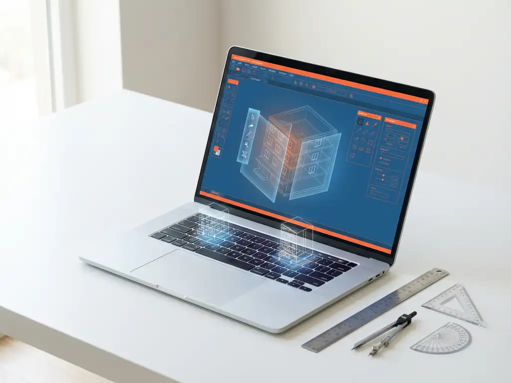 Moderne laptop met CAD-software en 3D gebouwontwerpen op scherm, omringd door technische tekengereedschap op wit bureau