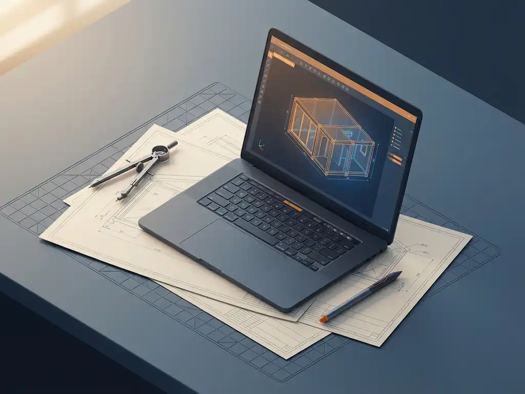 Laptop met 3D CAD-model van prefab gebouwmodule op bureau met technische tekeningen, passer en stylus