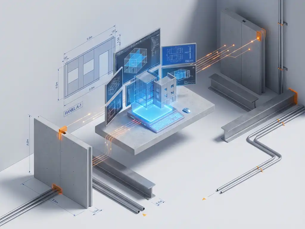 Isometrische werkruimte met CAD-software die 3D gebouwmodellen toont, verbonden met fysieke prefab panelen en staalconstructies